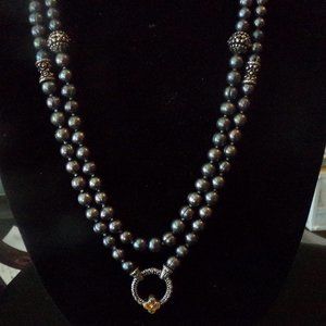 Barbara Bixby SS & Black Cultured Pearl 54" Station Necklace W/Connector Circle